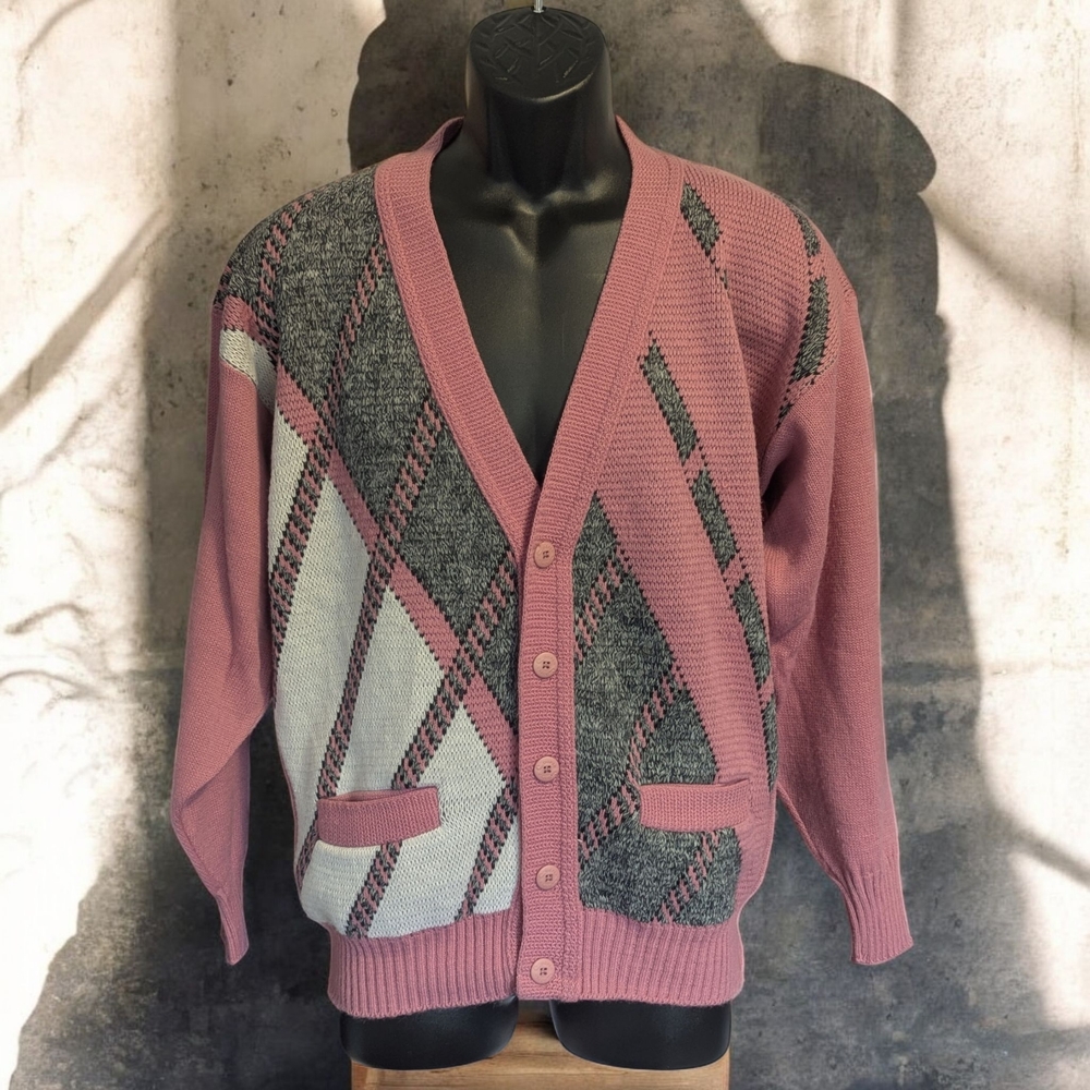 Men's Vintage Style Cardigan in Pink and Gray